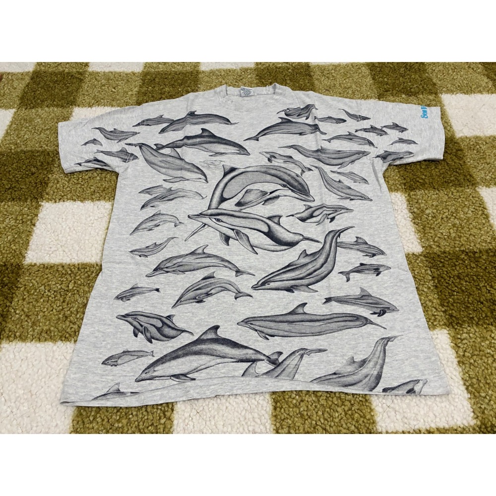 Vintage Signal Mega-Tee SeaWorld Dolphin All Over Print T-Shirt XL Gray USA Made